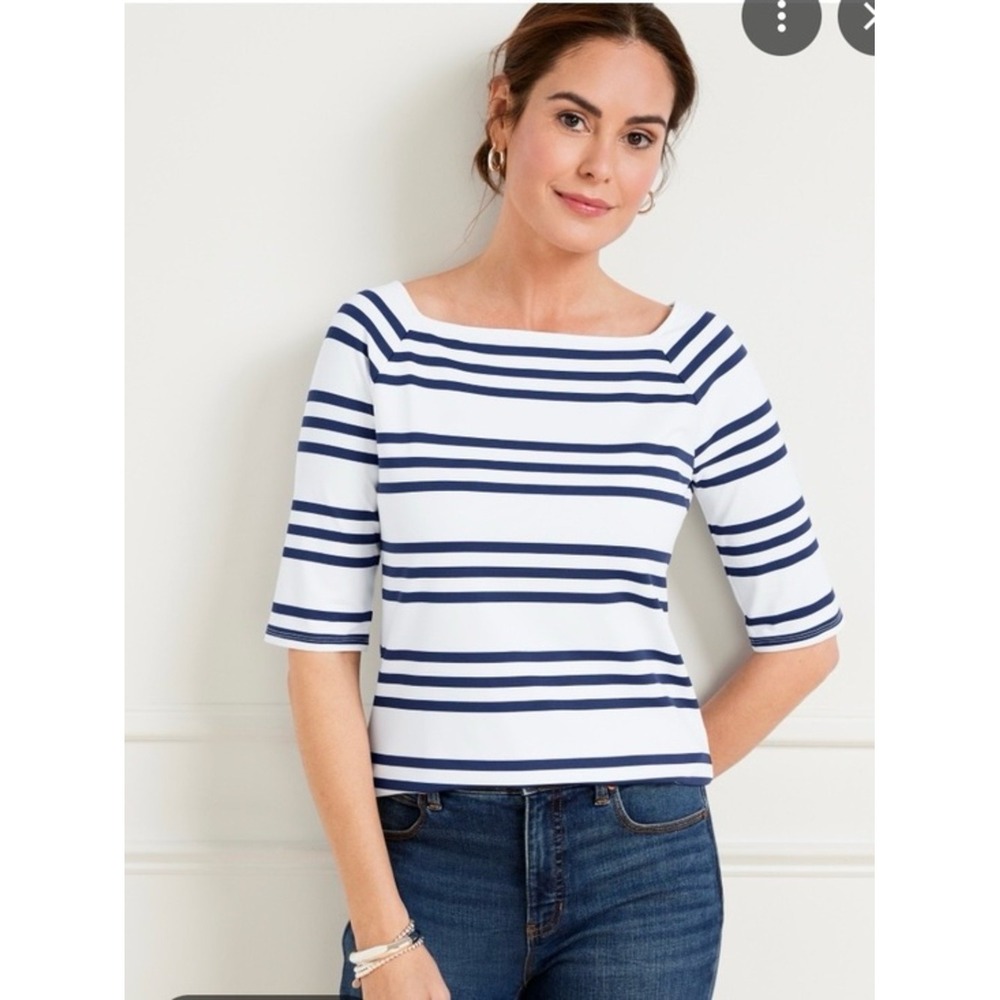 TALBOTS Effortless Jersey Raglan Bateau Neck Tee Breton Stripes Nautical M